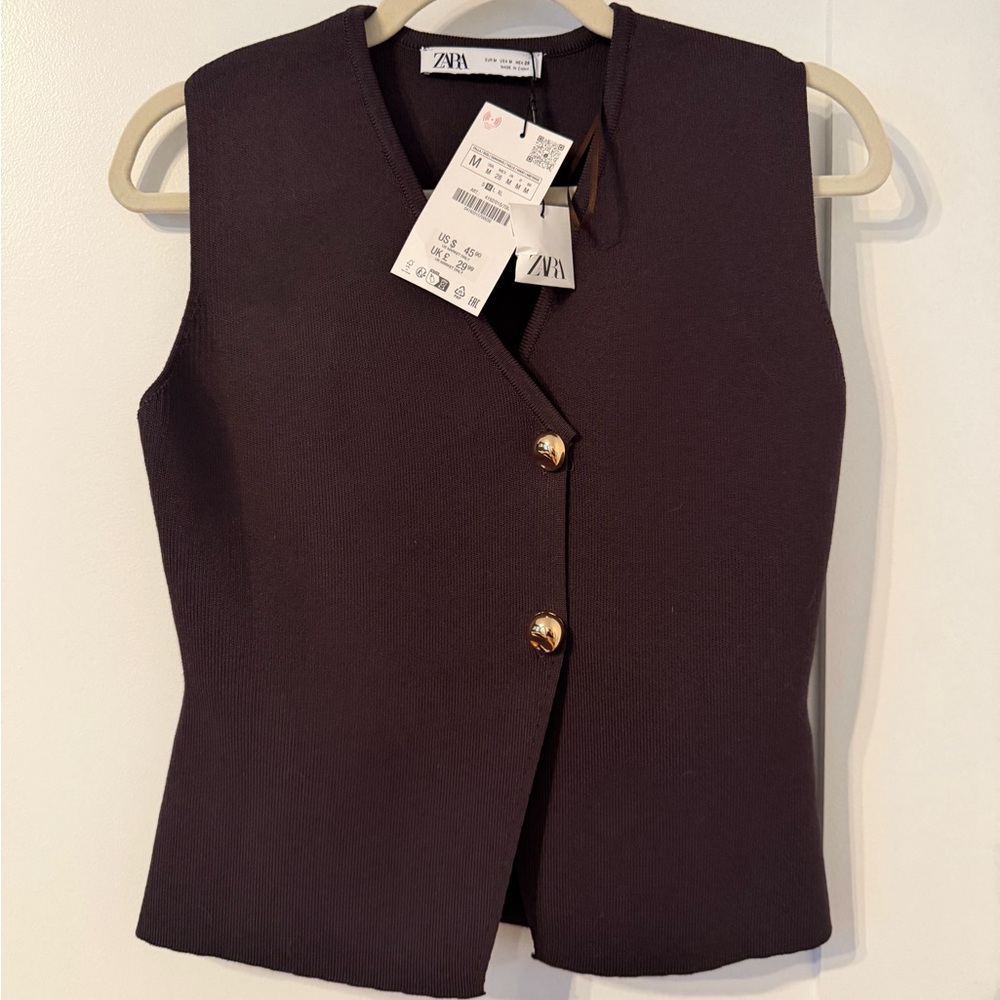 Zara Dark Brown Sleeveless Vest with Gold Buttons and matching skirt - Picture 2 of 6